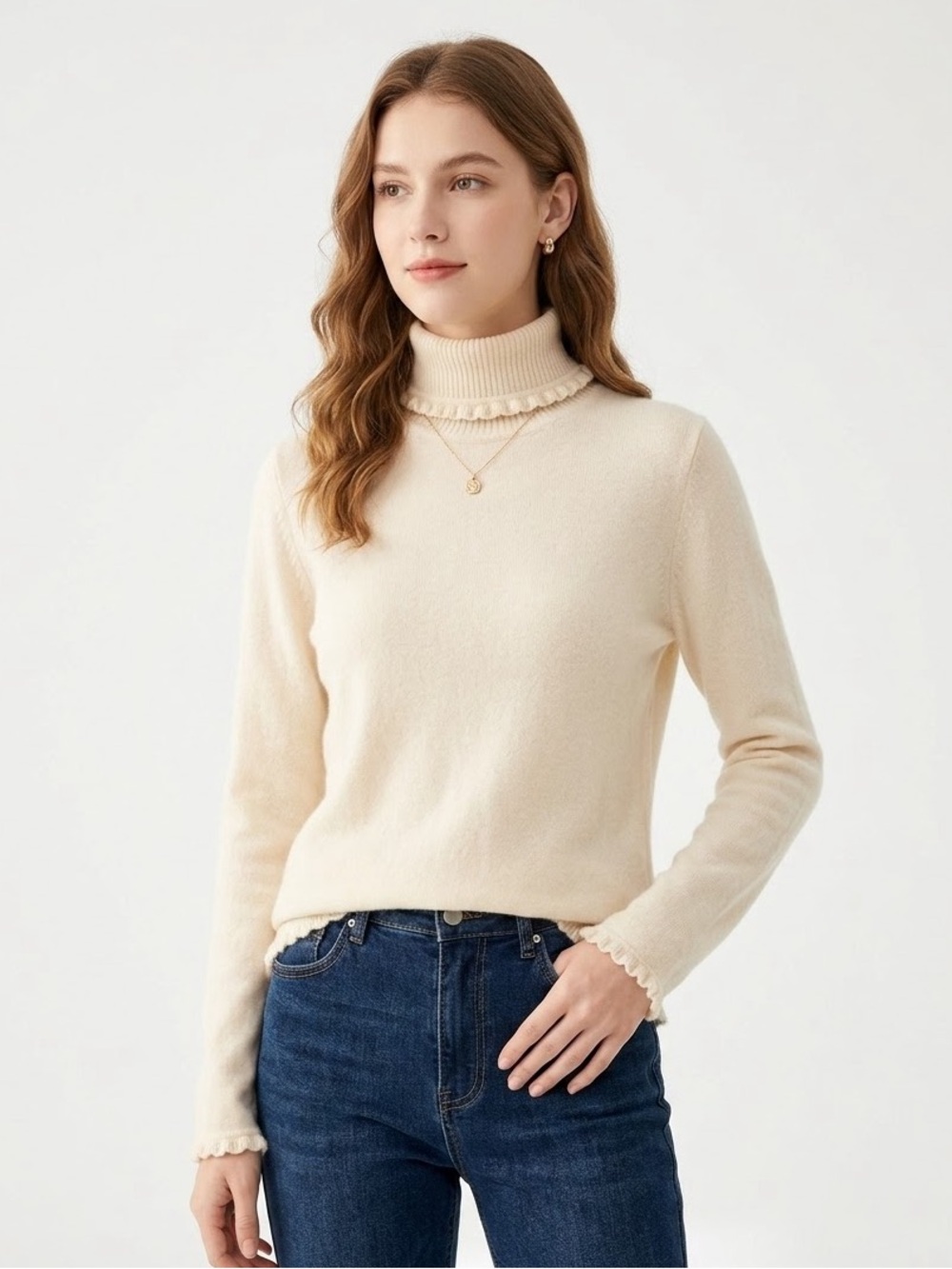 Jones New York Signature Angora Wool Blend Turtleneck Sweater Cream ruffle Trim